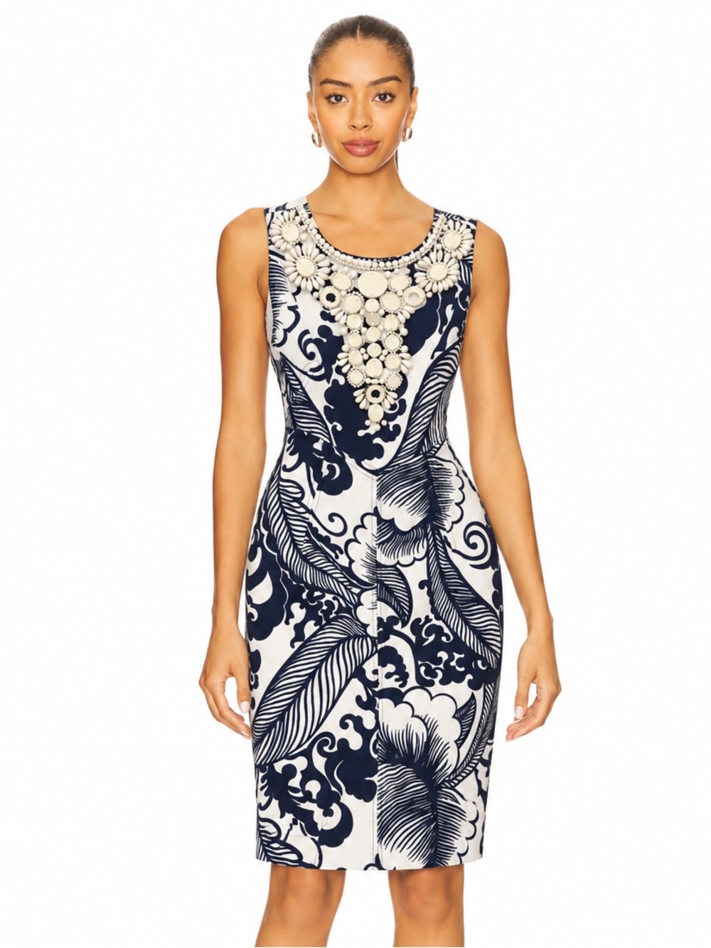 Milly Navy and White Floral Sheath Dress with Beaded Neckline